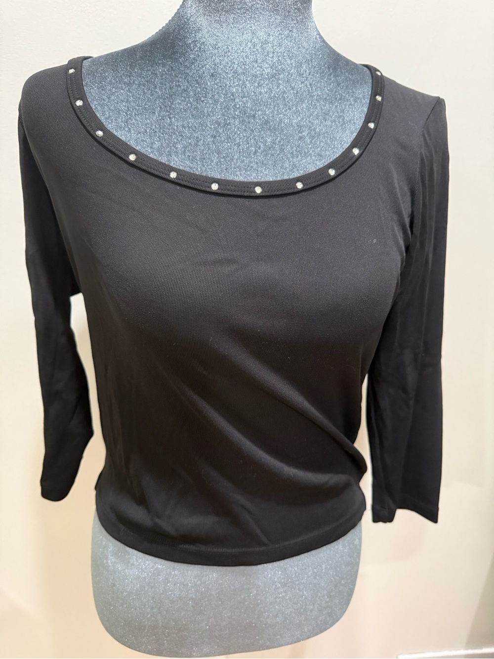bebe Black Scoop Neck Long Sleeve Top with Stud Trim